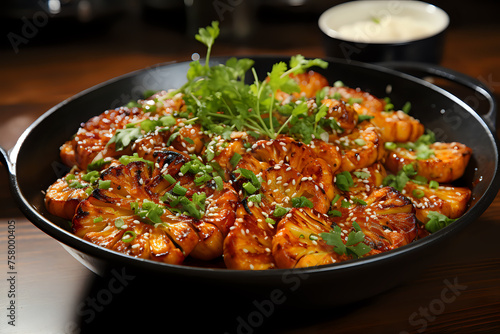 Sizzling honey glazed shrimp with sesame.

Delicious honey glazed shrimp, sprinkled with sesame seeds and herbs, perfect for recipe websites and culinary guides.