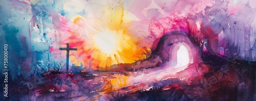 Watercolor depiction of an empty tomb with shroud and crucifix at sunrise, symbolizing Jesus Christ's resurrection. photo