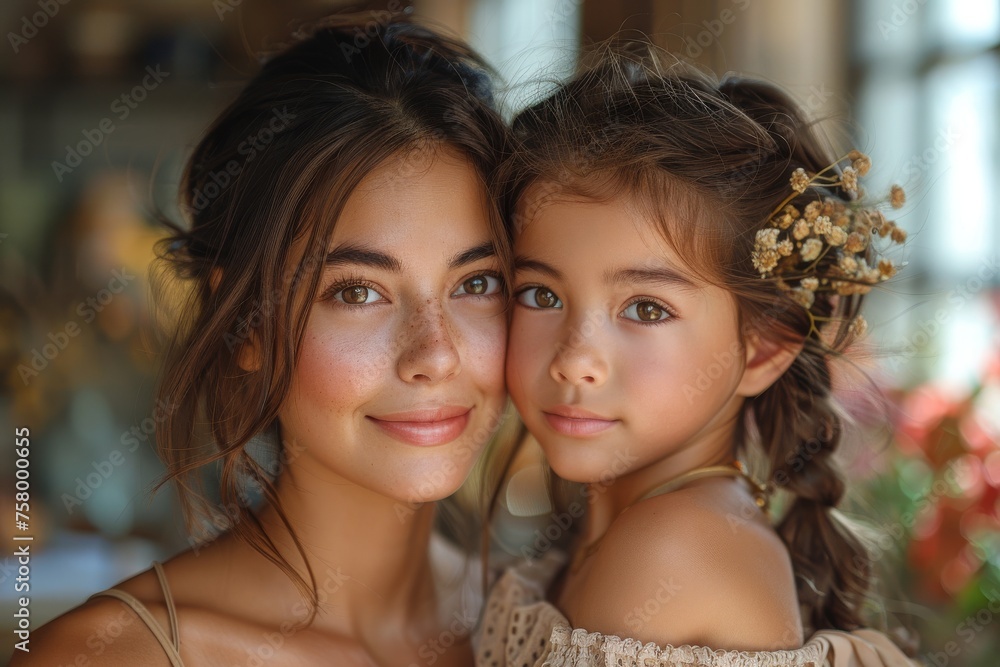 An elegant snapshot of a loving mother and daughter with beautiful features and ornate hair accessories An elegant snapshot of a loving mother and daughter with beautiful features and ornate hair accessories