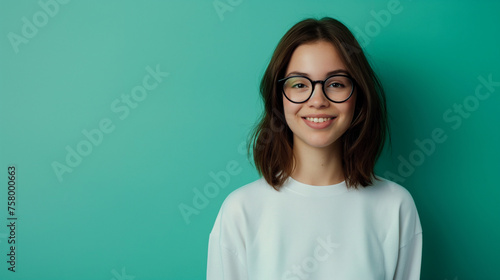 Cool hipster student woman wearing eyewear glasses Caucasian female university student looking at camera smiling happy on teal color background professional photography