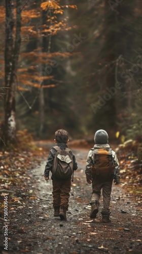 Boys with backpacks starting forest adventure.