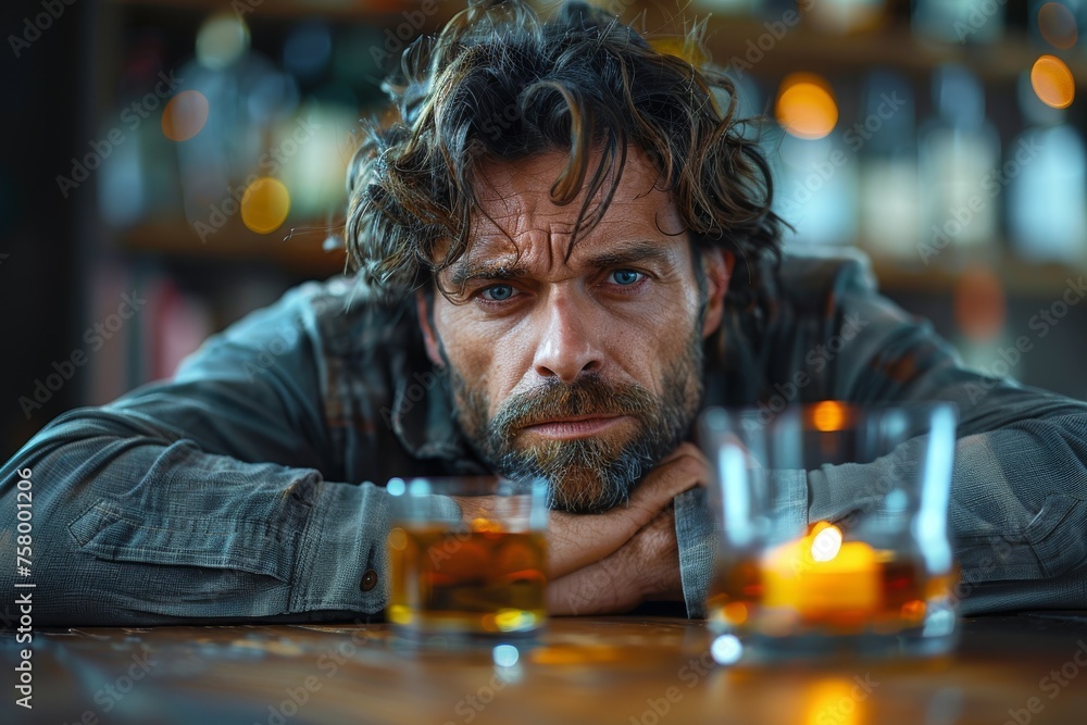 An emotionally distraught man staring with empty glasses of whiskey in front of him An emotionally distraught man staring with empty glasses of whiskey in front of him