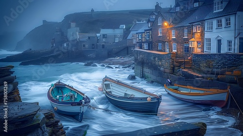  A tranquil coastal village with weathered fishing boats bobbing in the harbor, surrounded by rugged cliffs and crashing waves photo