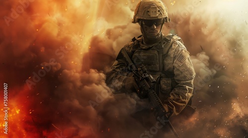 American soldier on the battlefield in smoke