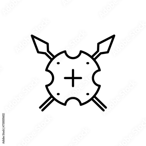 Spear and shield outline icons, minimalist vector illustration ,simple transparent graphic element .Isolated on white background