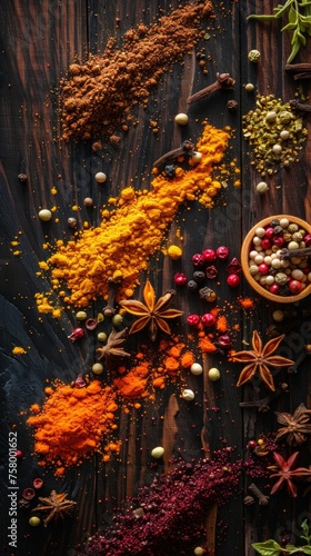 Colorful spices spread on wood, highlighting culinary diversity. © vadymstock