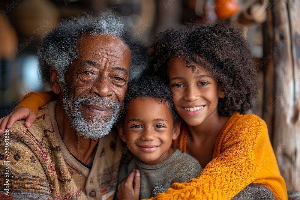 A heartwarming image of a grandparent with grandchildren, exuding warmth and love in a family portrait - obrazy, fototapety, plakaty 
