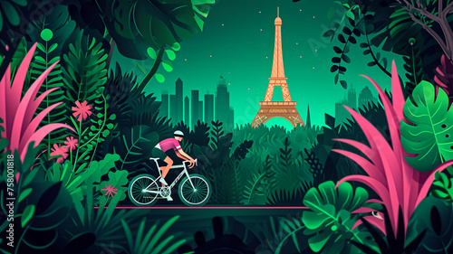 simple line art minimalist collage illustration with professional track racing cyclist on a track bike and Eiffel Tower in the background, olympic games, wide lens photo