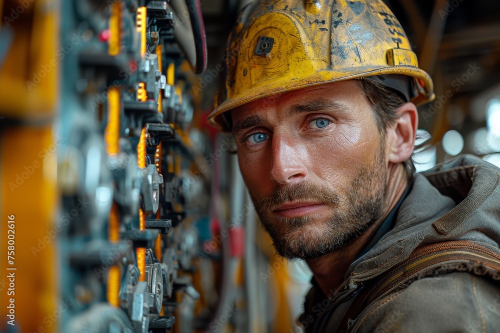 A worker with piercing blue eyes wears a yellow hard hat amidst industrial machinery, exuding confidence A worker with piercing blue eyes wears a yellow hard hat amidst industrial machinery, exuding confidence