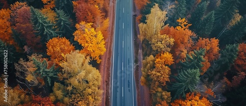 Asphalt road in perfect autumn forest, drone footage © Andrii