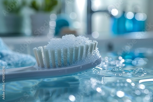 Close-up of a white toothbrush with foam on the bristles, placed on a reflective bathroom surface with water droplets