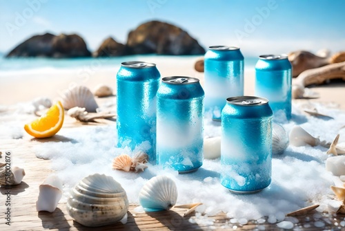 Mockup beverage cans light blue on a driftwood table with crushed ice surrounded by seashells and citrus slices. A serene coastal setting with white sands and azure waters to evoke freshnes photo