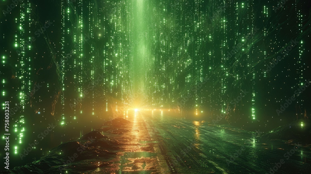 Green matrix code Showing on dark screen technology background