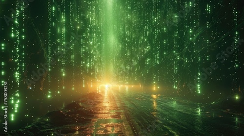 Green matrix code Showing on dark screen technology background © Sanuar_husen