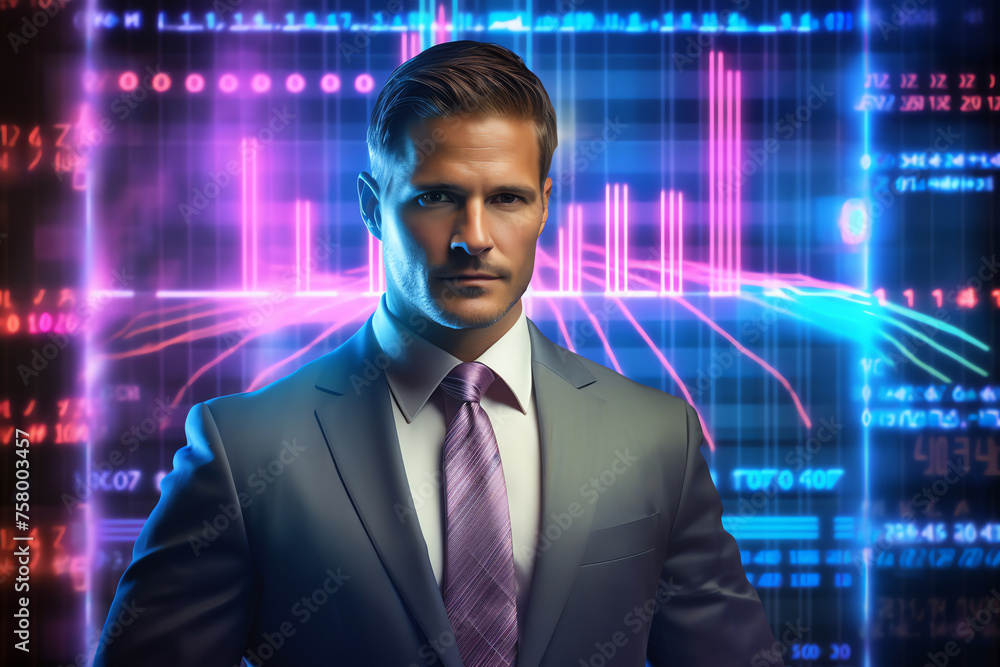 Man in suit with market graphs, indicating success. concept of financial analysis and business strategy in a corporate setting Man in suit with market graphs, indicating success. concept of financial analysis and business strategy in a corporate setting