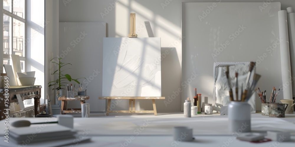 A white room with a large white canvas on a wooden easel A white room with a large white canvas on a wooden easel