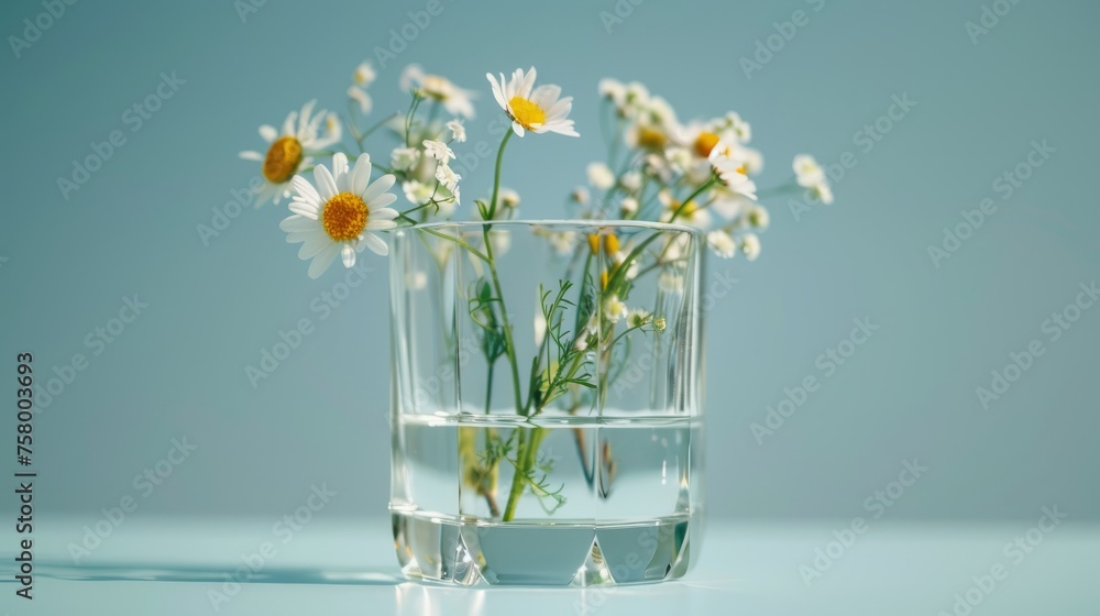 Chamomile flowers in glass vase on blue background Chamomile flowers in glass vase on blue background
