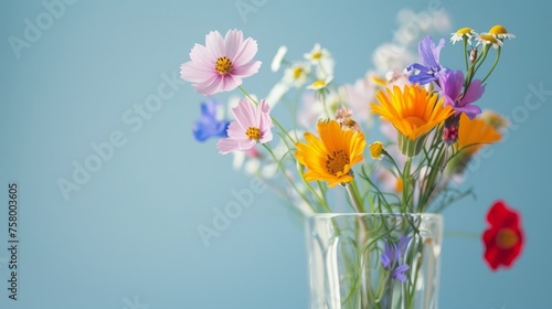 Colorful wildflowers in vase on blue background.