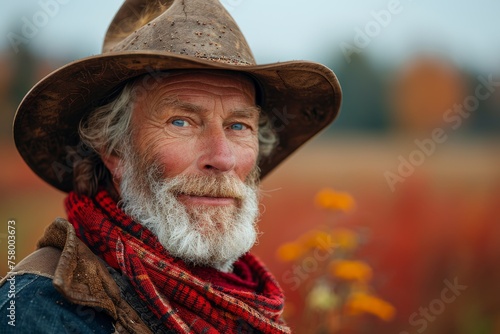 A striking portrait of a white-haired elderly man with a weathered face and wise eyes, framed by autumn colors