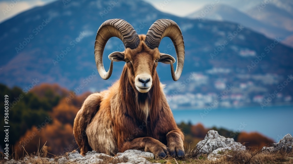 Obraz premium Aries zodiac symbol against picturesque mountain backdrop, offering breathtaking panoramic view