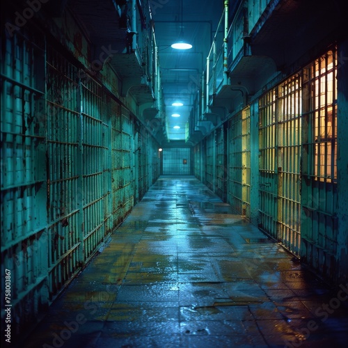 A chilling night scene in a prison corridor with an ominous blue light creating a moody and mysterious atmosphere