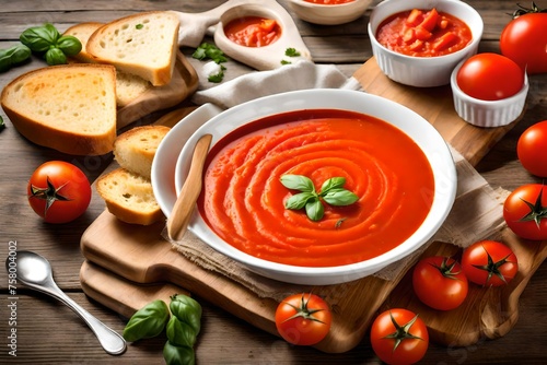 A delicious fresh tomato soup is served in a white bowl, creating a bowlful of freshness with tomato bliss on a wooden cutting board