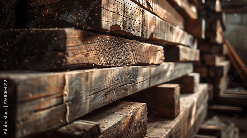 A close-up shot of stacked wooden beams in a dimly lit warehouse, highlighting the texture and craftsmanship of the timber. - obrazy, fototapety, plakaty 