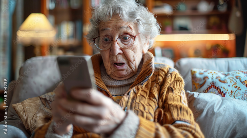 An older woman is looking at her cell phone. She is wearing glasses and she is surprised by something on the screen. a 70 year old lady holding a smartphone, she is astonished about the content An older woman is looking at her cell phone. She is wearing glasses and she is surprised by something on the screen. a 70 year old lady holding a smartphone, she is astonished about the content