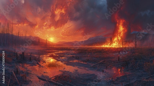 A wildfire area beginning to regrow, representing renewal and the fight against climate change on a pastel landscape.
