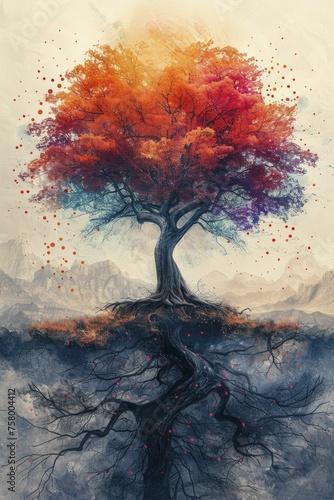 A tree with roots and branches links dots in a pastel landscape  embodying growth and equality through interconnectedness.