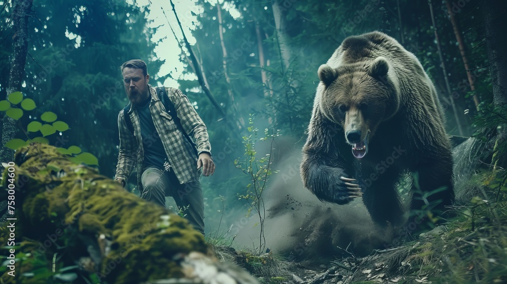 Fototapeta premium Grizzly bear attack the man in the forest
