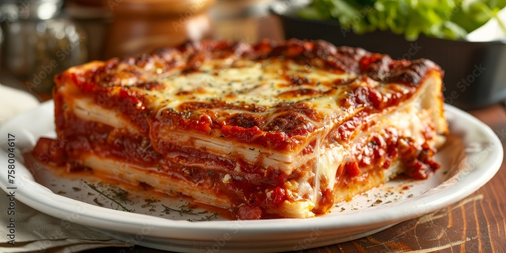 A large lasagna is sitting on a white plate
