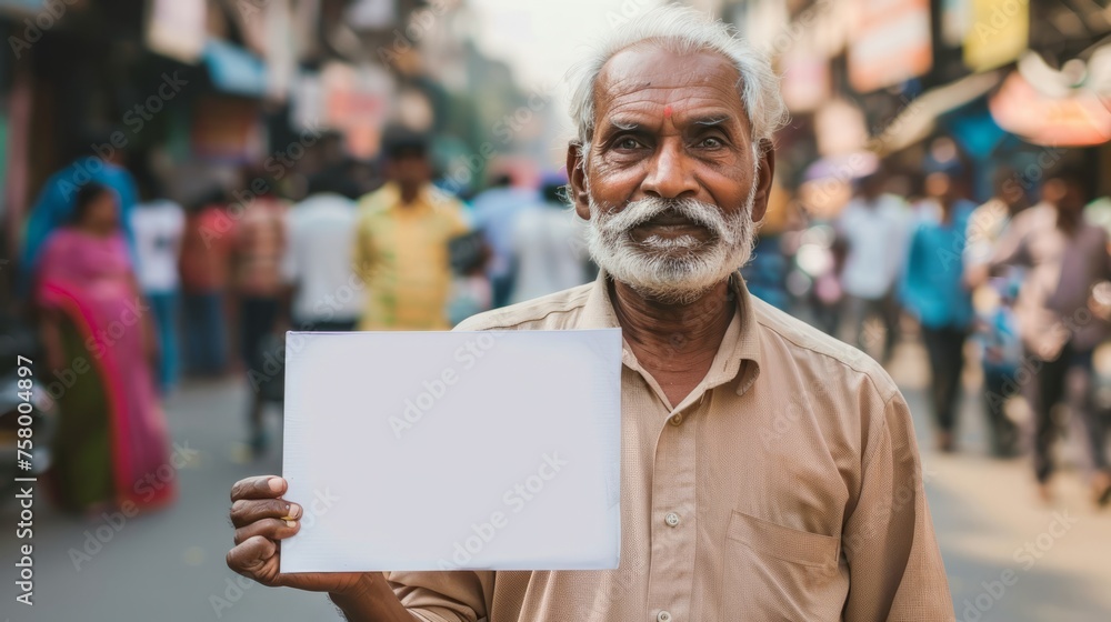 Indian older man standing alone on the crowded street, serious face ...