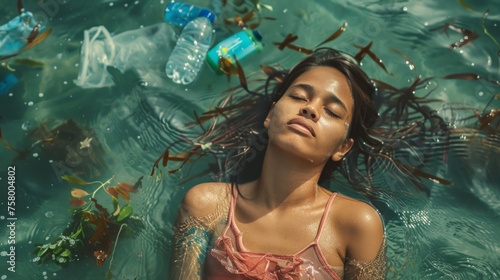 Young african-american woman in ocean full of plastic waste