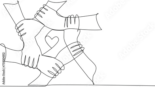 Continuous line of men giving high fives gesture hands to celebrate success. Business teamwork concept