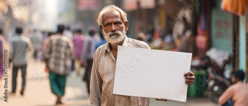 Indian older man standing alone on the crowded street, serious face, holding blank protest sign