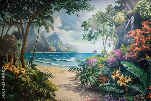 tropical scenery with palm trees and sea illustration