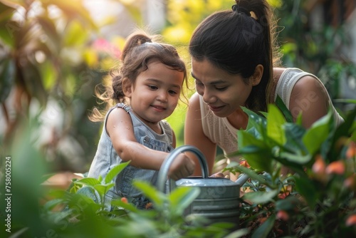 little girl helping mum to water the plants, gardening
