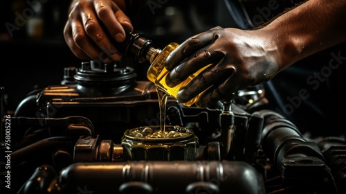 Skillful mechanic changing engine oil as part of regular vehicle maintenance service photo