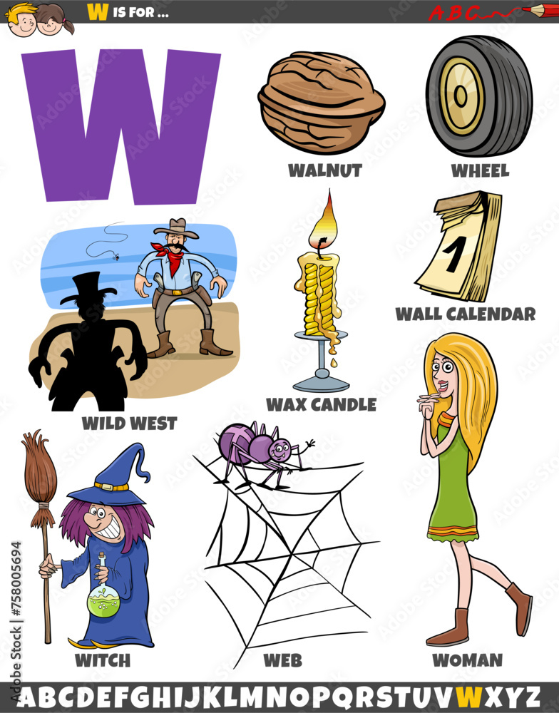 Letter W set with cartoon objects and characters Stock Vector | Adobe Stock