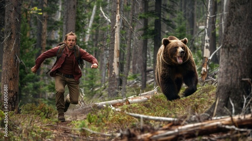 Man running away from grizzly bear in forest photo