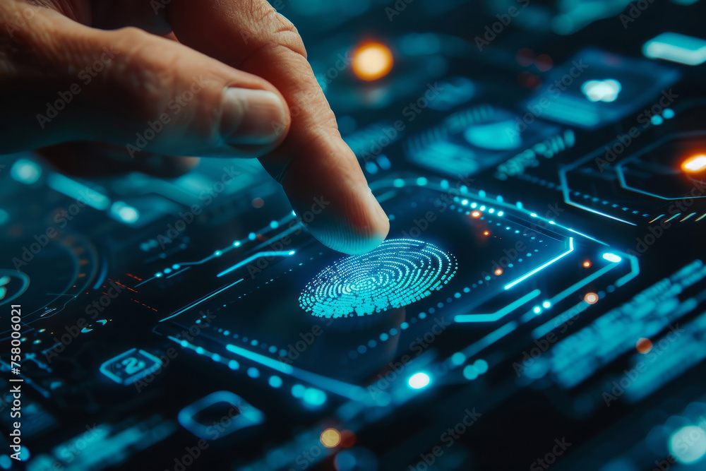 person is pointing at fingerprint on a screen. technology and security ...