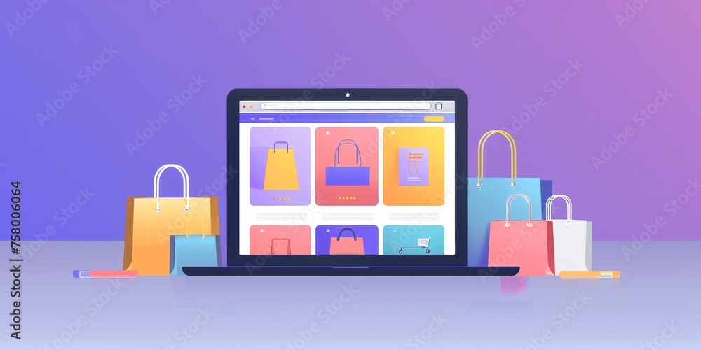 A laptop screen shows a shopping website with a variety of bags and accessories A laptop screen shows a shopping website with a variety of bags and accessories