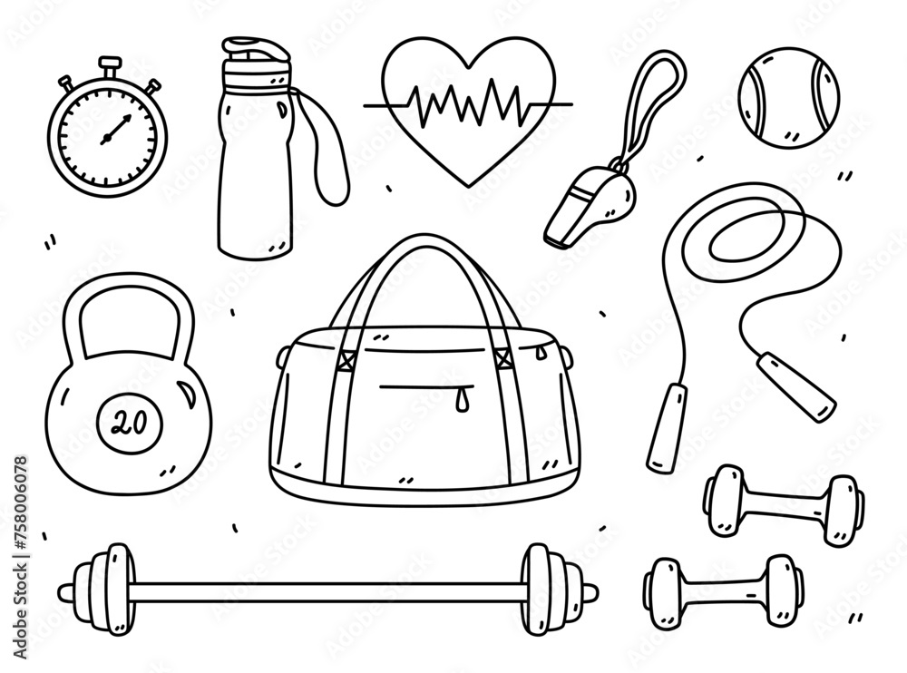 Set of fitness doodles - dumbbells, kettlebell, barbell, jump rope, stopwatch, sport bag and others. Sports equipment.Vector hand-drawn illustration isolated on white background. Healthy lifestyle. - obrazy, fototapety, plakaty 