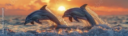 Male and female dolphins leap happily in a serene pastel sunrise, representing oceanic harmony.