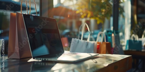Wallpaper Mural A laptop is open on a table with shopping bags next to it Torontodigital.ca