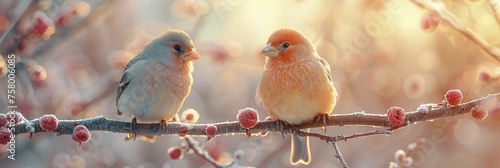 Male and female finches perched on a branch against a soft sky, promoting harmony and equality through their song.