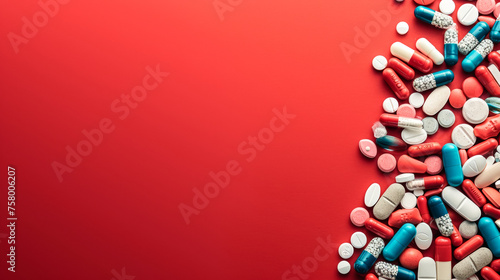 Top view: Various medicines scattered on a red background, illustrating options for different health conditions and needs photo