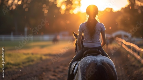 A woman is riding a horse in a field with the sun shining on her © Wuttichai