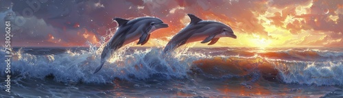 Male and female dolphins leaping joyfully against a calm pastel sunrise, symbolizing harmony in the ocean. © Kanisorn
